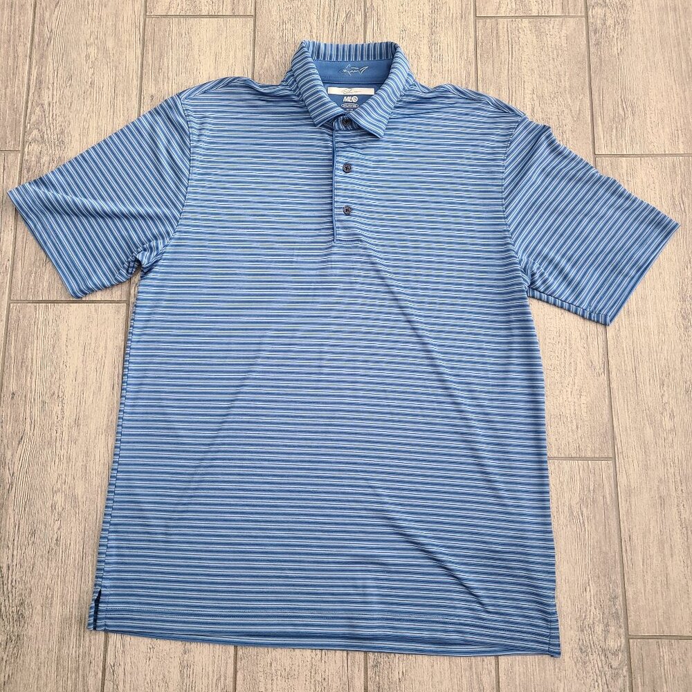 Greg Norman ML75 play dry men's blue striped short sleeve collared golf shirt M - Picture 1 of 9